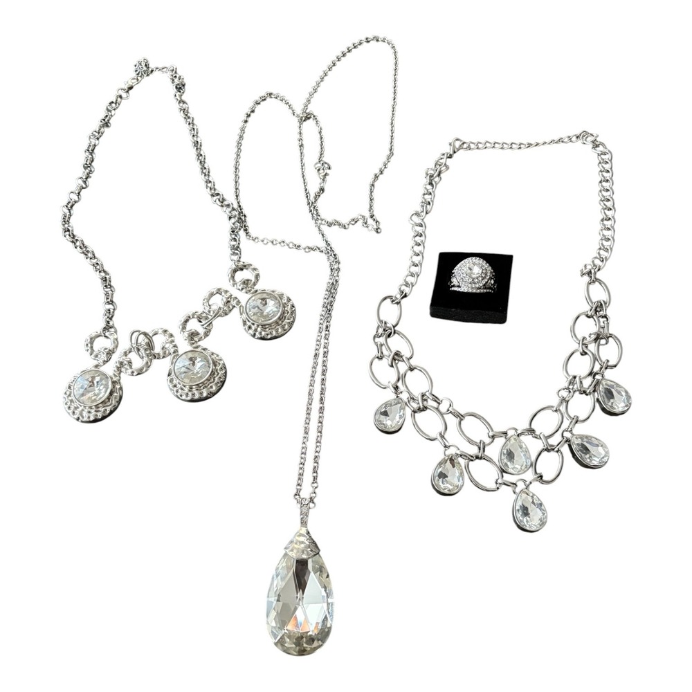 Silver Tone Crystal Jewelry Set 3 Necklaces 1 Ring Teardrop Statement Lot